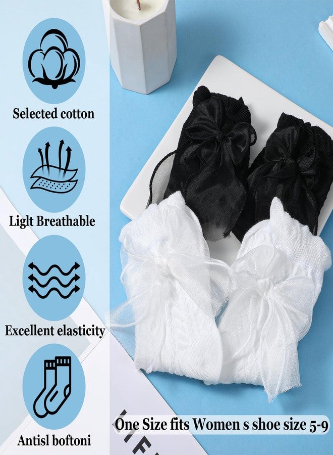 Nogeqi 2 Pairs Ruffle Socks with Bow, Cute Princess Lolita Frilly Socks for Women Girls, Breathable Cotton Lace Ankle Sock for Women(Black, White) - Image 5